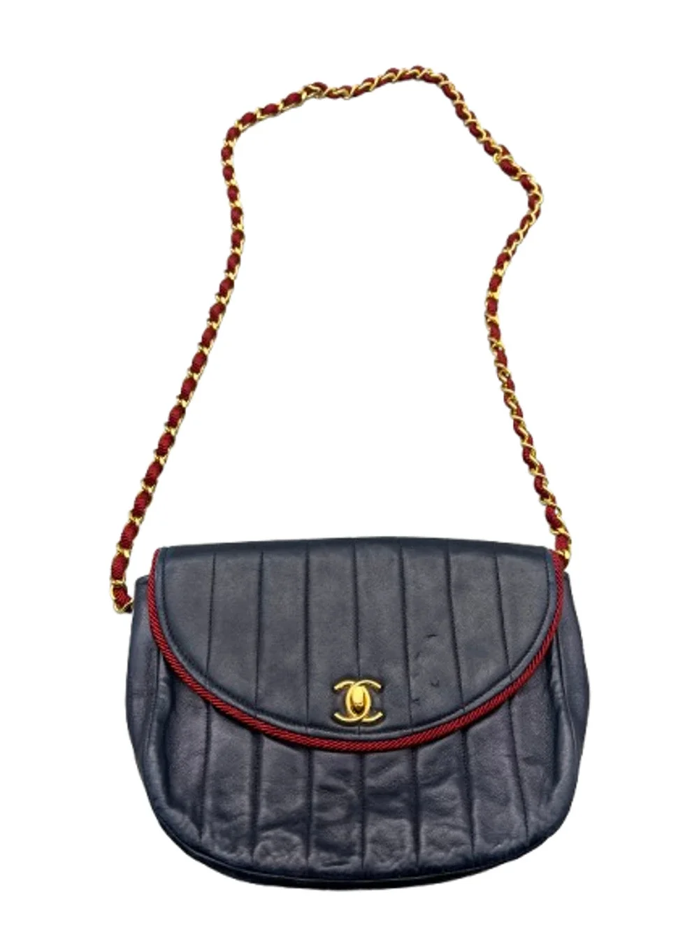 CHANEL Mademoiselle Lambskin Black Grosgrain Half Moon Flap Shoulder Bag